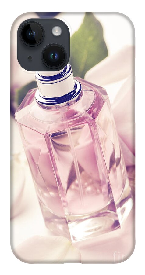 Bottle iPhone 14 Case featuring the photograph Perfume Bottle with roses and pearls still life by Jelena Jovanovic