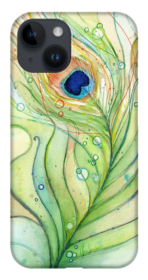 Peacock iPhone 14 Case featuring the painting Peacock Feather Watercolor by Olga Shvartsur