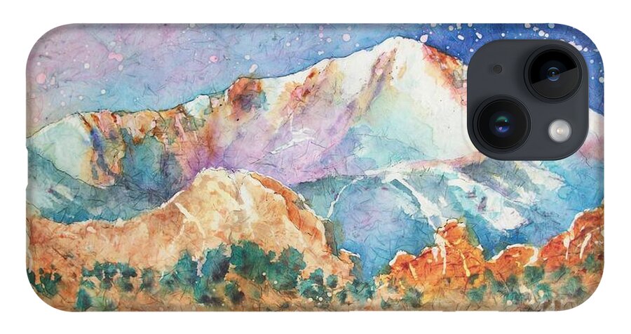 Pikes Peak iPhone 14 Case featuring the painting Pikes Peak Over the Garden of the Gods by Carol Losinski Naylor