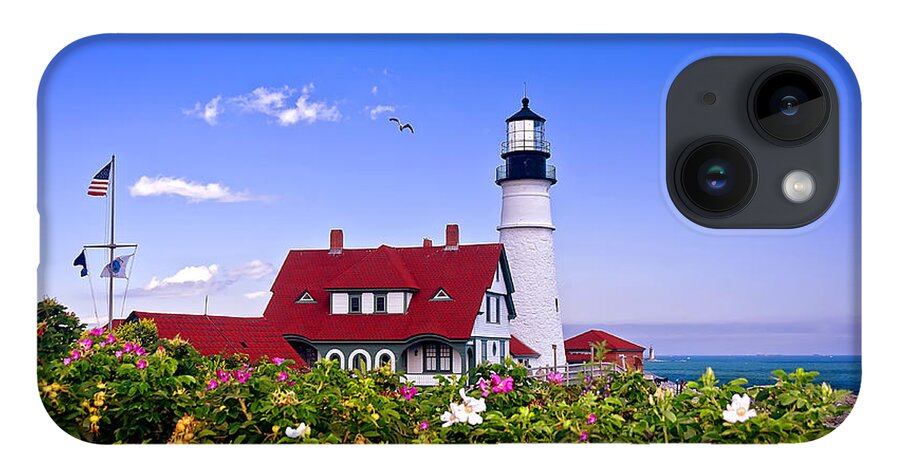 Maine iPhone 14 Case featuring the photograph Portland Head Light and Roses by Mitchell R Grosky