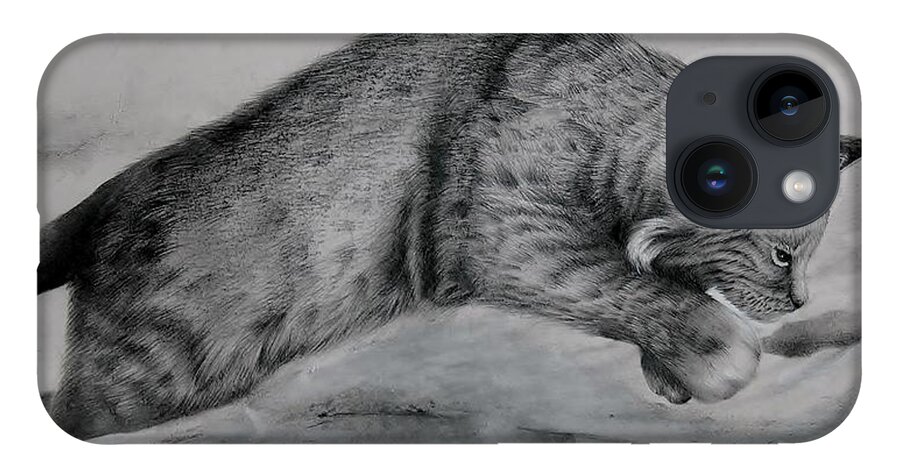 Bobcat iPhone Case featuring the drawing Pounce by Jean Cormier