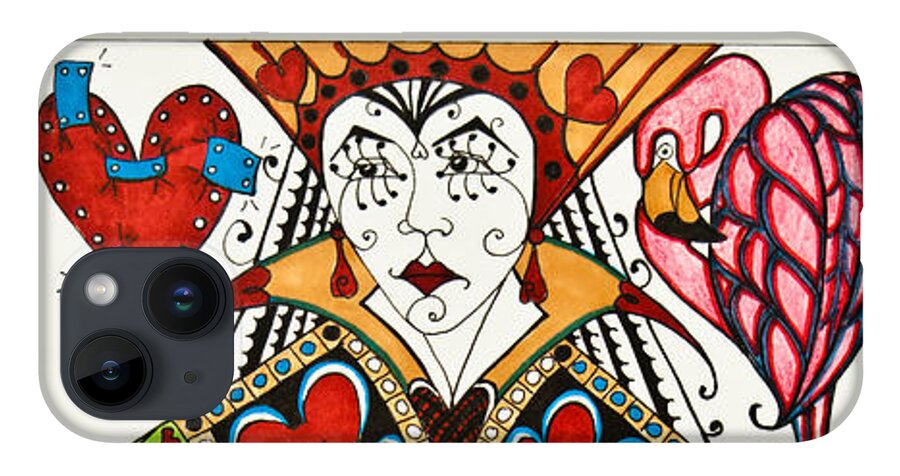 Queen Of Hearts iPhone Case featuring the drawing Queen Of Hearts Face Card by Jani Freimann