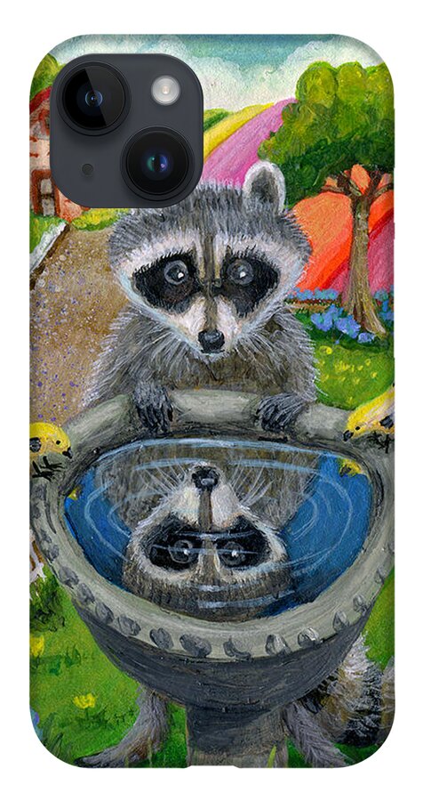 Raccoon iPhone 14 Case featuring the painting Raccoon at the Birdbath by Jacquelin L Westerman