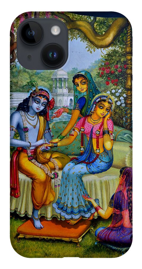 Krishna iPhone 14 Case featuring the painting Radha Krishna man lila on Radha kunda by Vrindavan Das