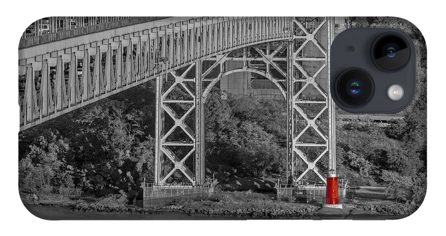 Autumn iPhone 14 Case featuring the photograph Red Lighthouse And Great Gray Bridge BW by Susan Candelario
