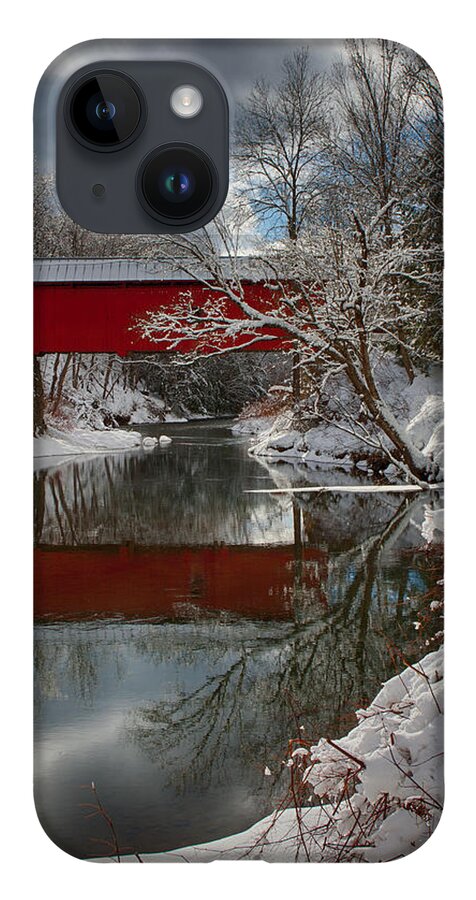 Northfield Fall Covered Bridge iPhone Case featuring the photograph Reflection of Slaughterhouse covered bridge by Jeff Folger