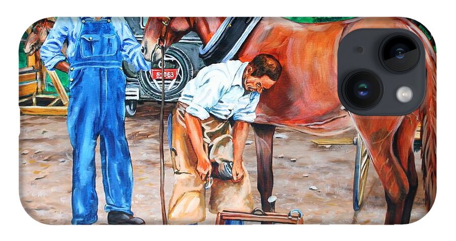 Farrier iPhone 14 Case featuring the painting Reshoeing the Farm Mule by Karl Wagner