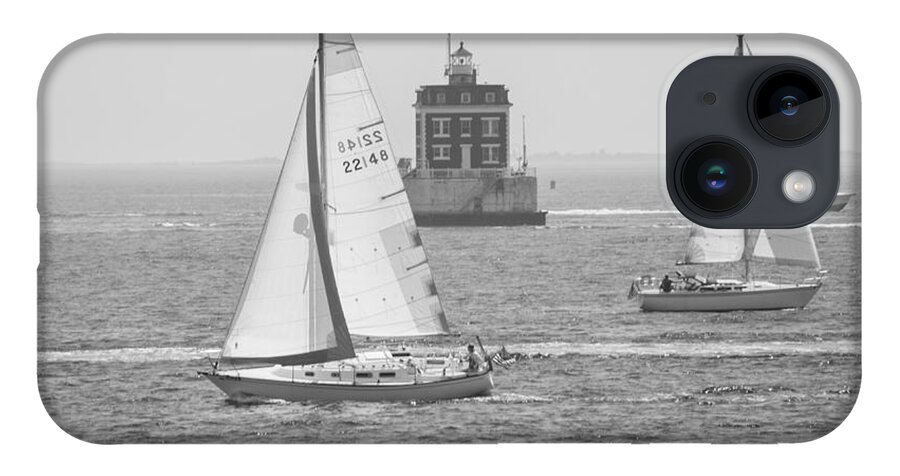 Lighthouse iPhone 14 Case featuring the photograph Sailing Past Ledge Light - Black and White by Kirkodd Photography Of New England