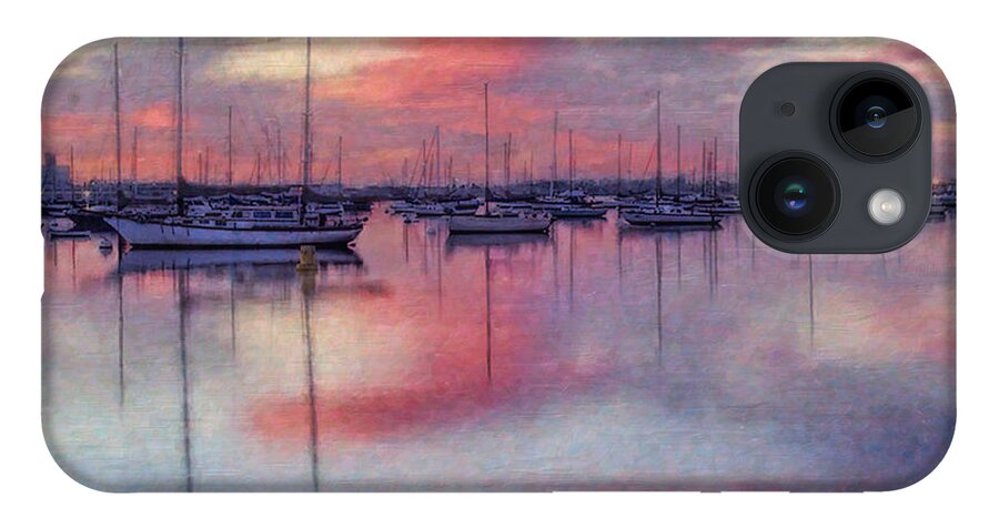  iPhone 14 Case featuring the digital art San Diego - Sailboats at Sunrise by Lianne Schneider
