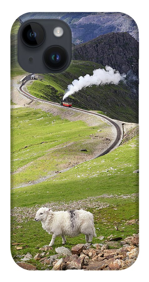 Wales iPhone 14 Case featuring the photograph Sheep and mountain railway by Jane Rix