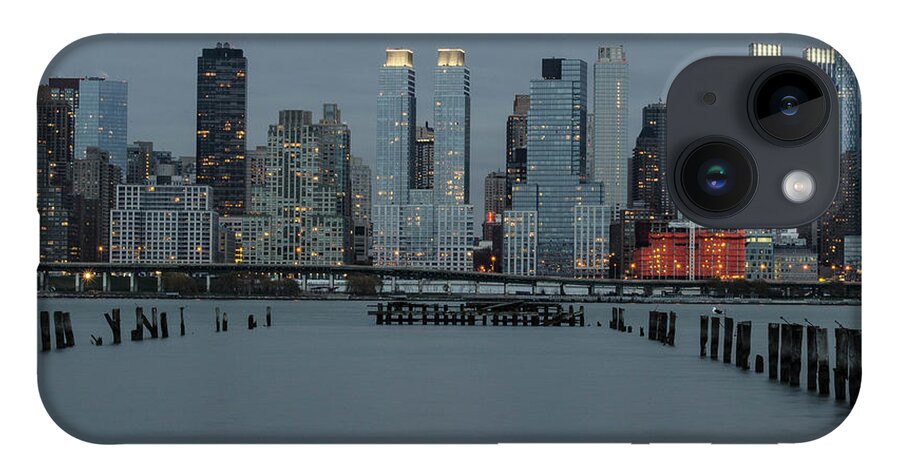 Blue iPhone 14 Case featuring the photograph Skyline by the Pier by GeeLeesa Productions