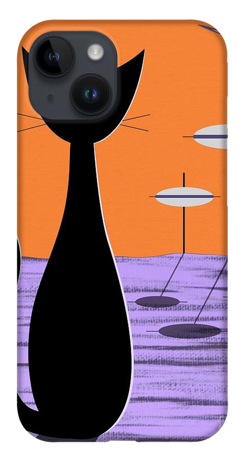 Mid Century Modern iPhone Case featuring the digital art Space Cat Orange Sky by Donna Mibus