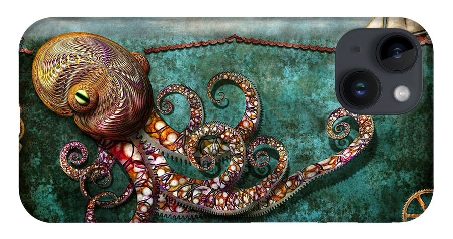 Self iPhone 14 Case featuring the digital art Steampunk - The tale of the Kraken by Mike Savad