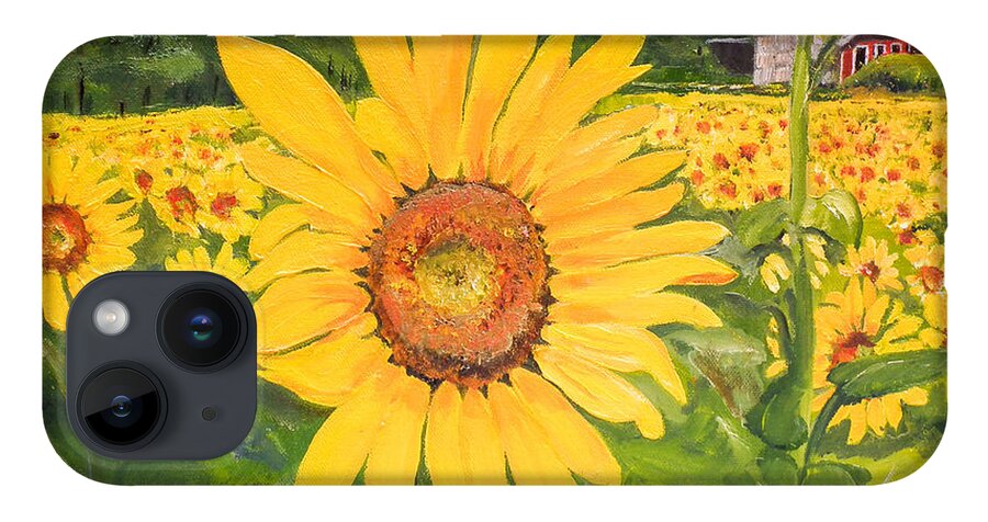 Sunflower iPhone 14 Case featuring the painting Sunflowers - Red Barn - Pennsylvania by Jan Dappen