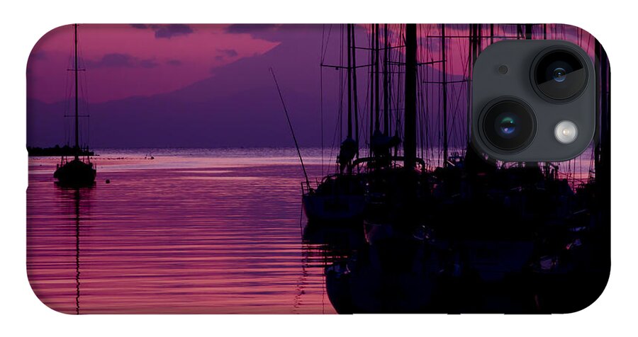 Sunset iPhone Case featuring the photograph Sunset in Pink and Purple with Yachts at Bay by Beverly Claire Kaiya