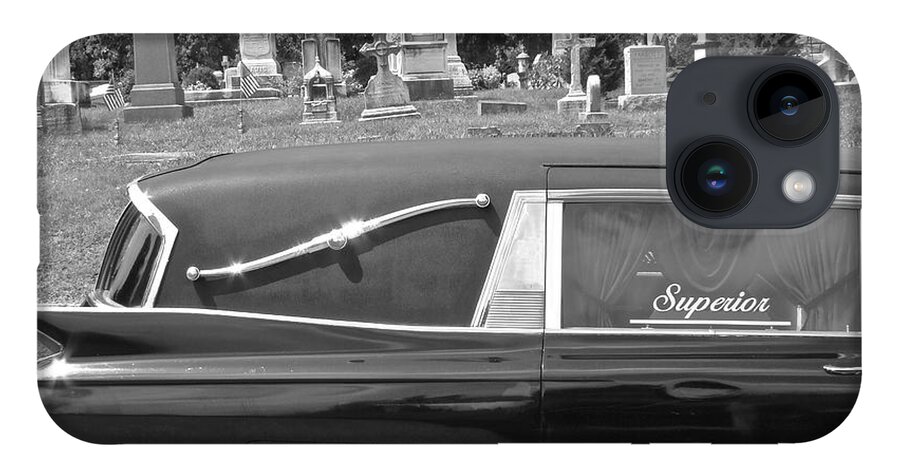 Superior Hearse Laurel Hill Cemetary Philadelphia Pa Car Show Black White iPhone Case featuring the photograph Superior by Alice Gipson