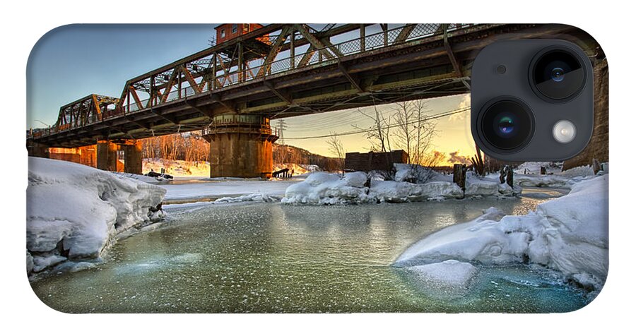 Architecture iPhone 14 Case featuring the photograph Swing Bridge Frozen River by Jakub Sisak