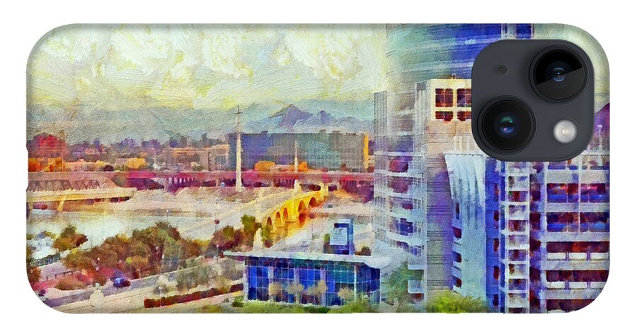 Tempe iPhone 14 Case featuring the digital art Tempe Arizona Skyline in the Early Morning by Digital Photographic Arts