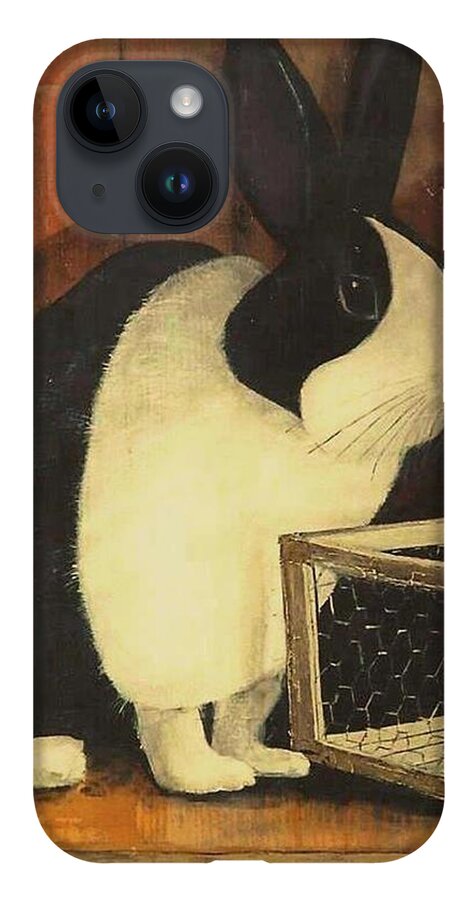 Images iPhone 14 Case featuring the painting The Black and White Dutch Rabbit 2 by Diane Strain