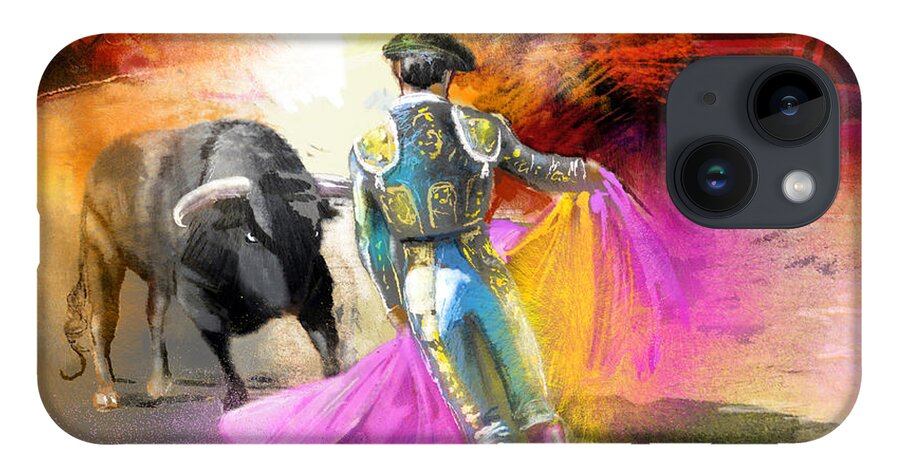 Bulls iPhone Case featuring the painting The Man Who Fights The Bull by Miki De Goodaboom