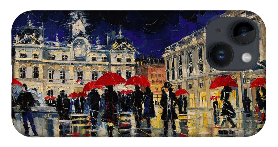 The Rendezvous Of The Place-des-terreaux Square In Lyon iPhone 14 Case featuring the painting The Rendezvous Of Terreaux Square In Lyon by Mona Edulesco