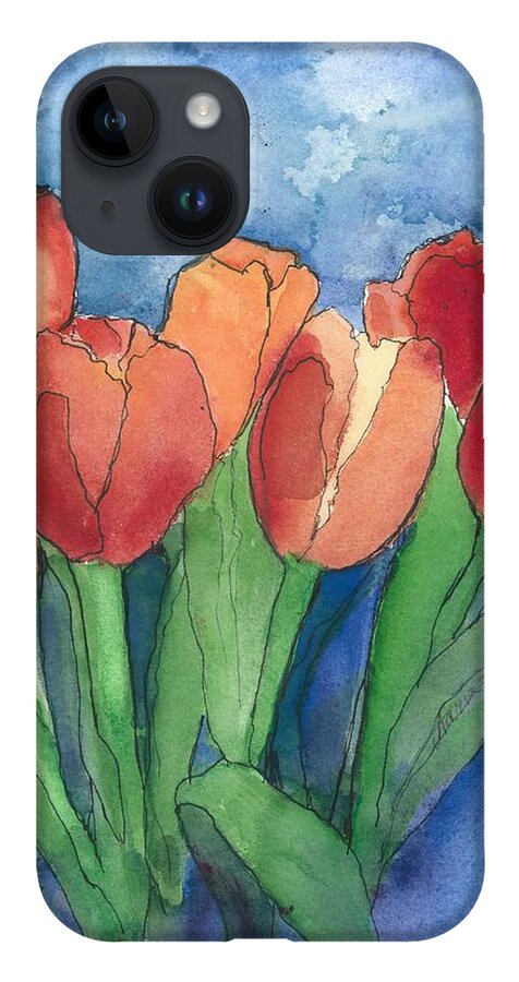 Red And Orange Tulips iPhone 14 Case featuring the painting Tulips After the Rain by Maria Hunt