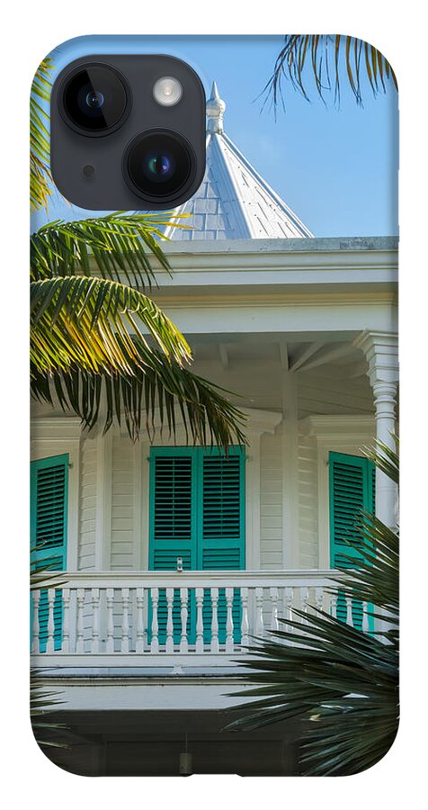 Balcony iPhone 14 Case featuring the photograph Turquoise Shutters Key West Porch by Ed Gleichman