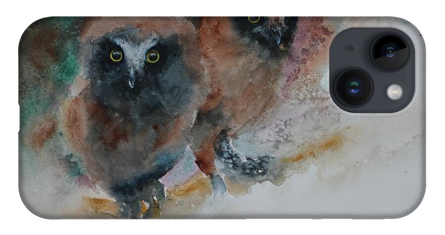 Owls iPhone 14 Case featuring the painting Two Hoots by Ruth Kamenev