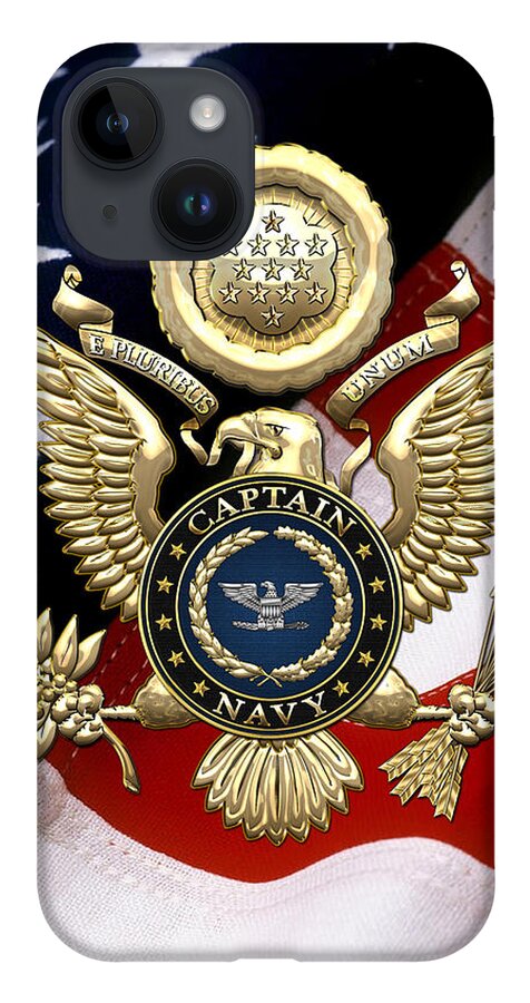 'military Insignia And Heraldry' Collection By Serge Averbukh iPhone Case featuring the digital art U. S. Navy Captain - C A P T Rank Insignia over Gold Great Seal Eagle and Flag by Serge Averbukh