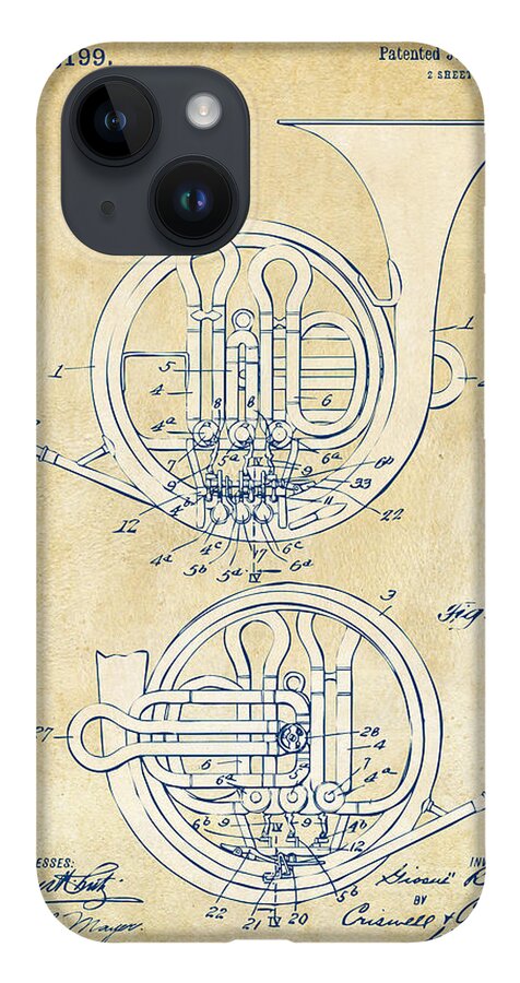 French Horn iPhone 14 Case featuring the digital art Vintage 1914 French Horn Patent Artwork by Nikki Marie Smith