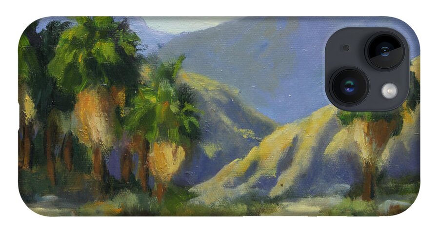 Desert Scene iPhone 14 Case featuring the painting California Palms in the Preserve by Maria Hunt