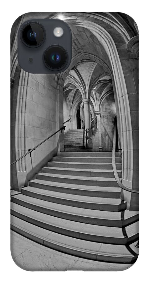 National Cathedral iPhone 14 Case featuring the photograph Washington National Cathedral Crypt Level Stairs BW by Susan Candelario