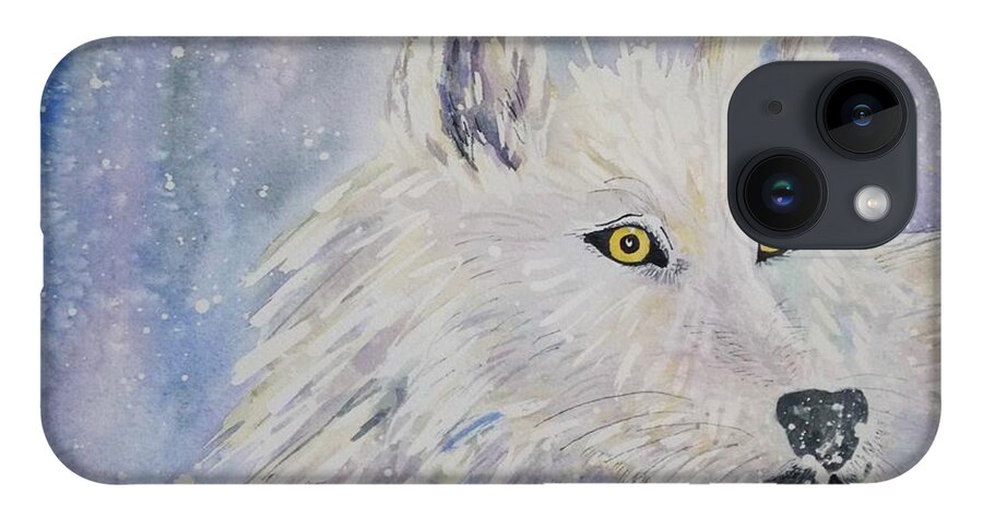 White Wolf iPhone 14 Case featuring the painting White Wolf of the North Winds by Ellen Levinson