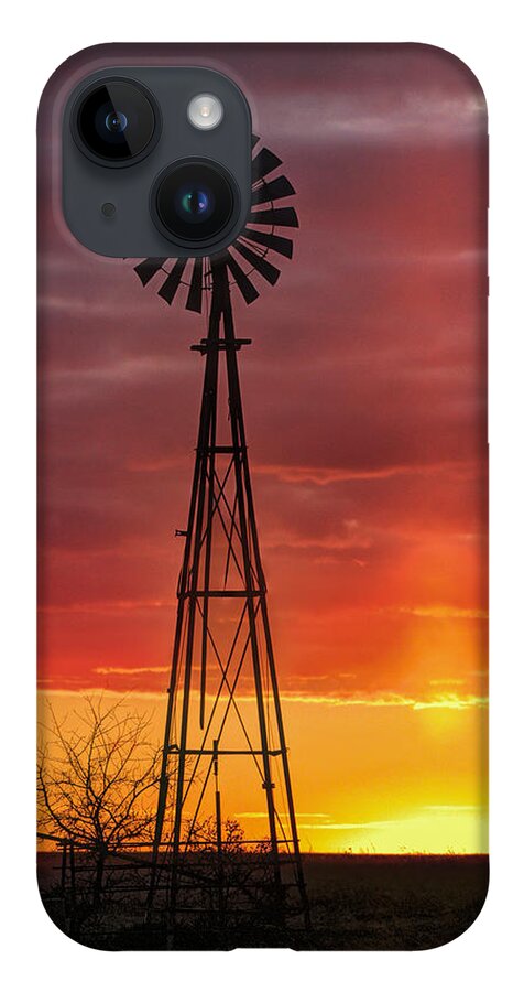 Kansas iPhone 14 Case featuring the photograph Windmill and Light Pillar by Rob Graham
