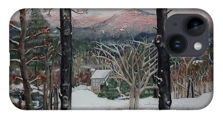 Winter.appalachian iPhone 14 Case featuring the painting Winter - Cabin - Pink Knob by Jan Dappen
