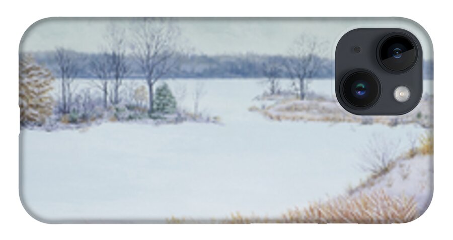Panorama iPhone 14 Case featuring the painting Winter Lake and Cedars by Garry McMichael