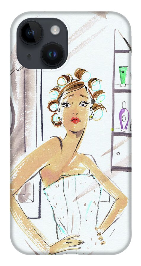 20-24 Years iPhone 14 Case featuring the painting Woman In Curlers And Towel Looking by Ikon Images
