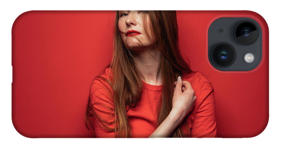 People iPhone Case featuring the photograph Young Woman With Red Hair On Red by Ian Ross Pettigrew