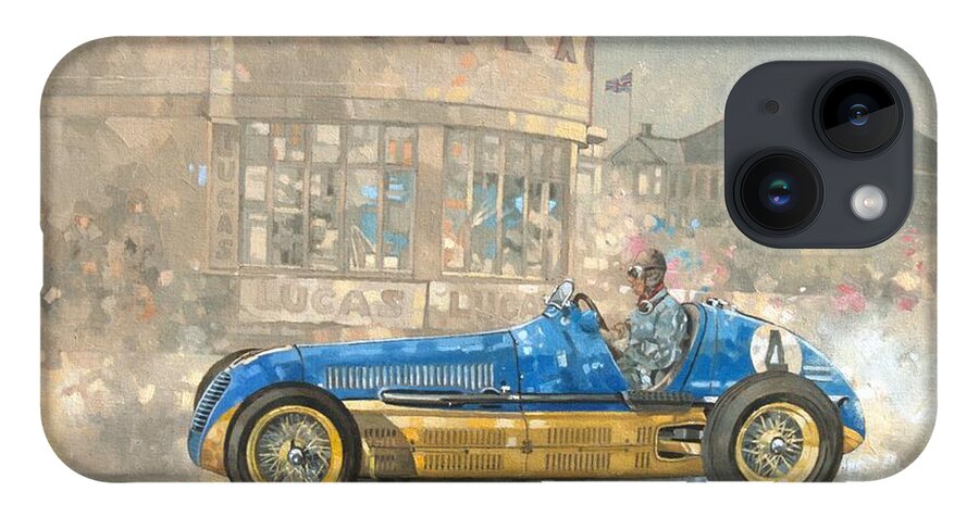 Car; Race Car; Vehicle; Racing; Track; Racetrack; Race Track; Vintage; Racer; Blue; Thailand; Male; Portrait; Classic Cars; Sportscar; Maserati; Formula One; Grand Prix; Motor Racing; Bira iPhone 14 Case featuring the painting Blue and Yellow Maserati of Bira by Peter Miller 