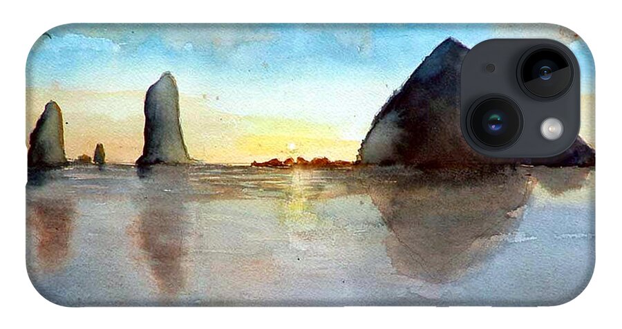 Watercolor iPhone 14 Case featuring the painting Cannon Beach Sunset by Chriss Pagani