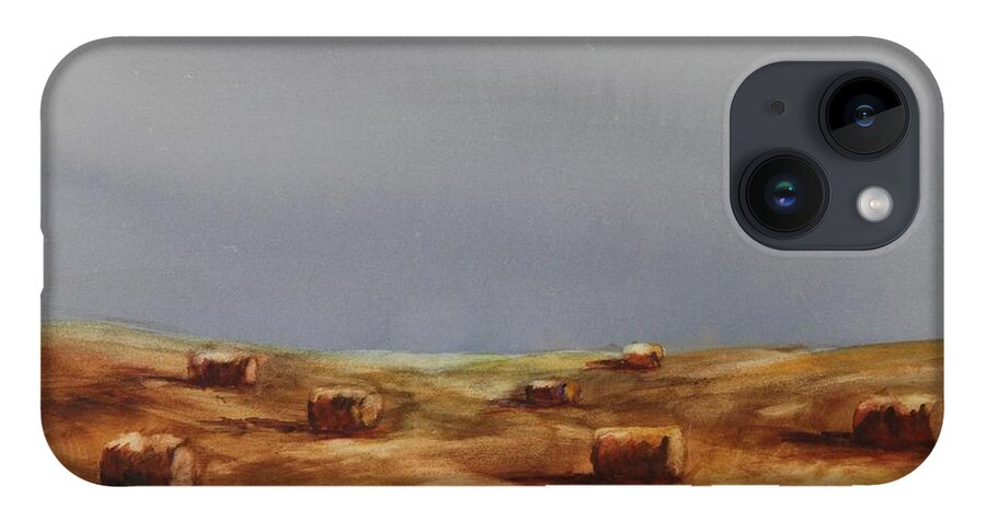 Bales iPhone 14 Case featuring the painting Hayfield by Ruth Kamenev
