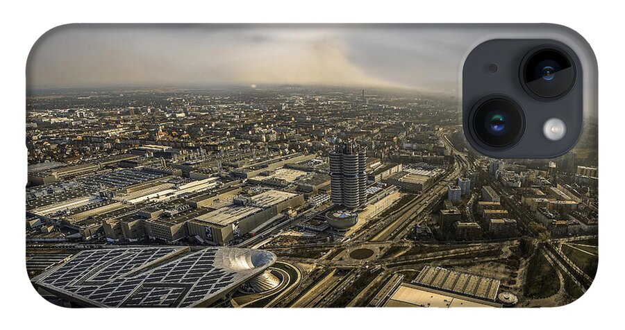 Architecture iPhone 14 Case featuring the photograph Munich from above - vintage part by Hannes Cmarits