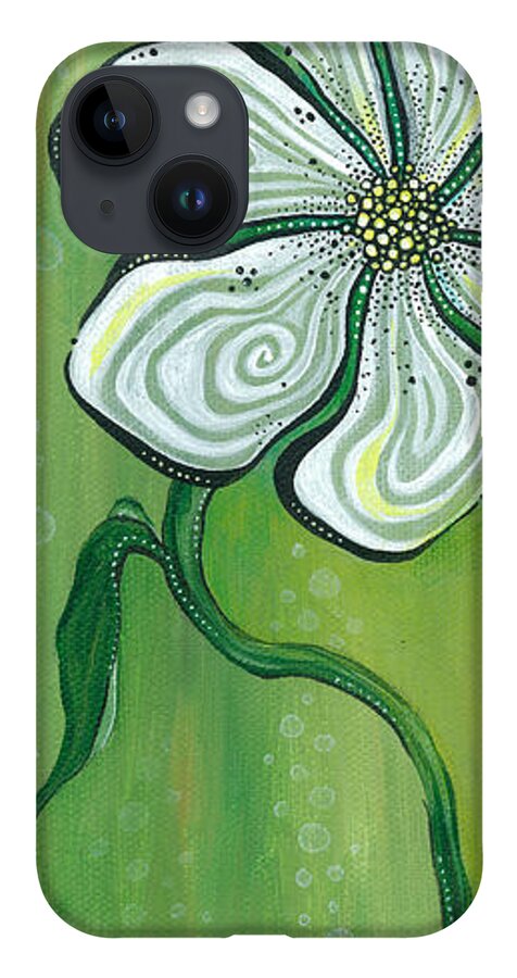 White Flower On Green Background iPhone 14 Case featuring the painting Peace by Tanielle Childers