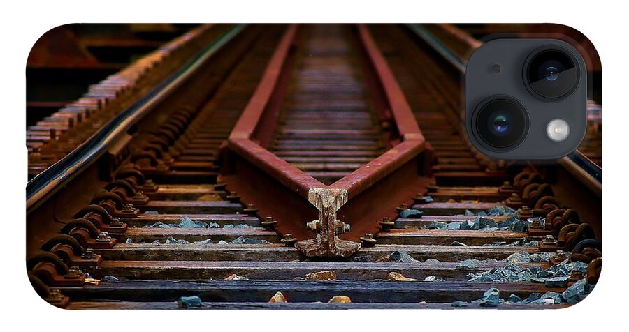 Railway iPhone 14 Case featuring the pyrography Railway track leading to where by Blair Stuart