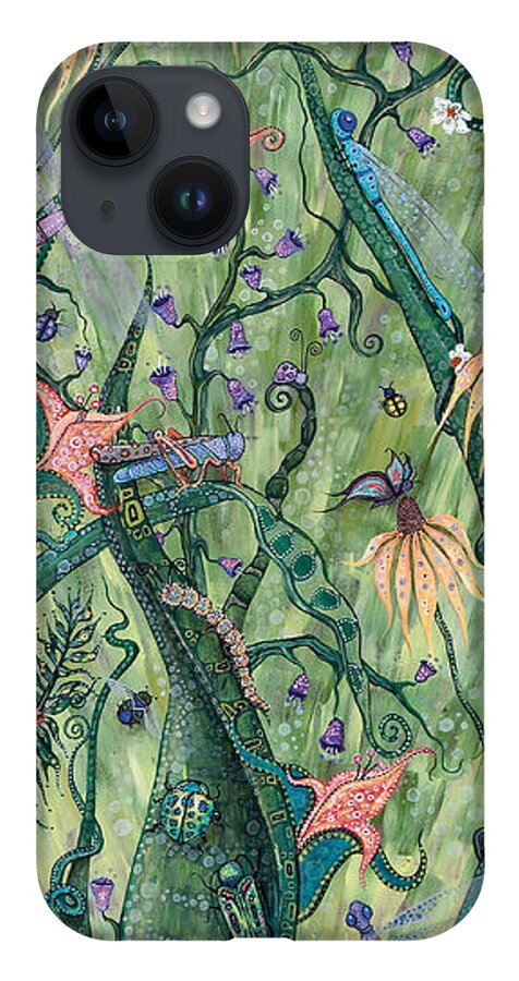Flowers And Butterflies And Dragonflies On Green Background iPhone 14 Case featuring the painting Serendipity by Tanielle Childers