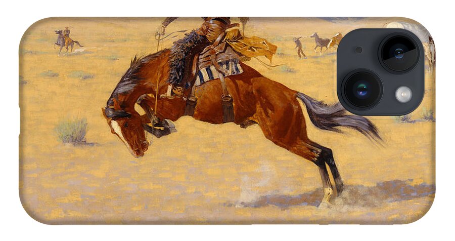 Cowboy; Horse; Pony; Rearing; Bronco; Wild West; Old West; Plain; Plains; American; Landscape; Breaking; Horses; Snow-capped; Mountains; Mountainous iPhone 14 Case featuring the painting A Cold Morning on the Range by Frederic Remington
