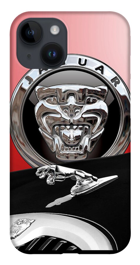 'auto Badges' Collection By Serge Averbukh iPhone 14 Case featuring the photograph Black Jaguar - Hood Ornaments and 3 D Badge on Red by Serge Averbukh