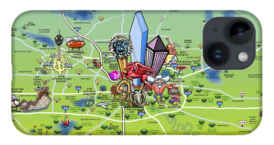 Dallas iPhone 14 Case featuring the painting Dallas Texas Cartoon Map #1 by Kevin Middleton