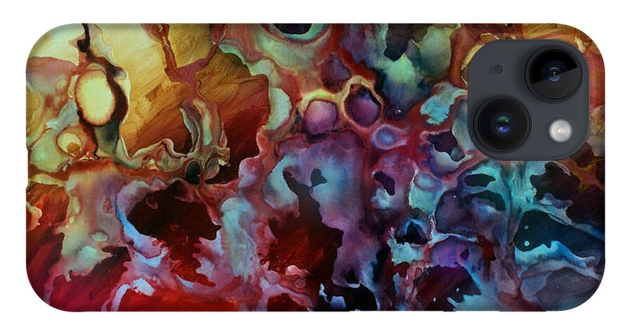 Abstract Painting Art Modern Art Deco Floral Colorful Red Blue Yellow Earth Tones Garden Expressionism Natural Minimalism Free Flow Liquid Fluid iPhone Case featuring the painting Evolution by Michael Lang