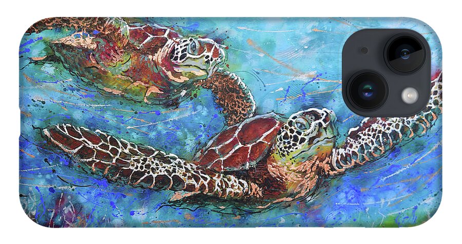 Marine Turtles iPhone 14 Case featuring the painting Gliding Turtles by Jyotika Shroff